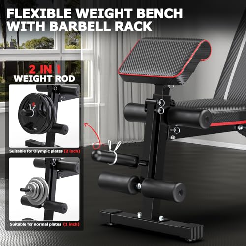 Foldable Workout Bench, Adjustable Weight Bench for Home Gym, Multi Functional Gym Bench w/Leg Extension &Preacher Pad, Extra Headrest, Fast Folding Strength Training Incline Sit up Bench 800LB