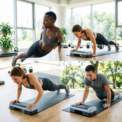 Adjustable Aerobic Stepper Platform – 3 Heights (4"/6"/8") with 4 Risers, Non-Slip Exercise Step for Home Gym, Cardio & HIIT Workouts - color: Black+ Gray