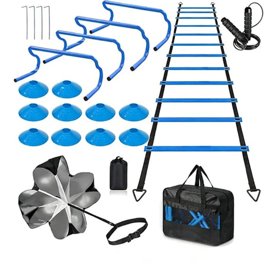 DZS Ladder Speed Football Training Equipment Set-20ft Agility Ladder，10Soccer Cones,4 Hurdles, Jump Rope, Running Parachute. Basketball Football Soccer Training Equipment for Adults.
