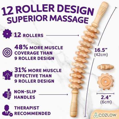Wooden Massage Roller Stick (12 Rollers) - Curved Wood Therapy Massage Tool for Body Sculpting, Fascia Release & Lymphatic Drainage - Maderotherapy Helps Reduce Cellulite Appearance