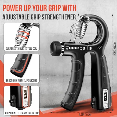 TEAWOO 4-Pack Grip Strength Trainer Kit, Adjustable Forearm Strengthener, Black Hand Grip Strengthener Balls, Finger Exerciser & Stretcher for Strength Training, Recovery & Flexibility