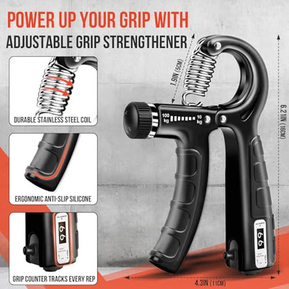 TEAWOO 4-Pack Grip Strength Trainer Kit, Adjustable Forearm Strengthener, Black Hand Grip Strengthener Balls, Finger Exerciser & Stretcher for Strength Training, Recovery & Flexibility