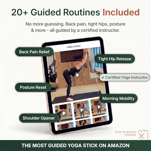 Yoga Stick - 5ft Bamboo Stretching Stick for Mobility, Flexibility, Balance with 20+ Video Tutorials, Stretching Equipment, Exercise Stick for Stretching, Posture Corrector, Physical Therapy Dowel Rod