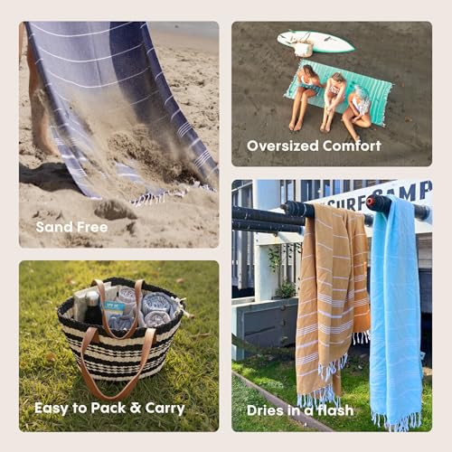 Turkish Beach Towel Oversized (38"x71") 100% Turkish Cotton, Made in Turkey - Sand Free, Extra Large, Ultra Soft, Quick Drying, Compact & Lightweight for Travel - Aqua - color: Aqua, size: Beach Towel (38" x 71")