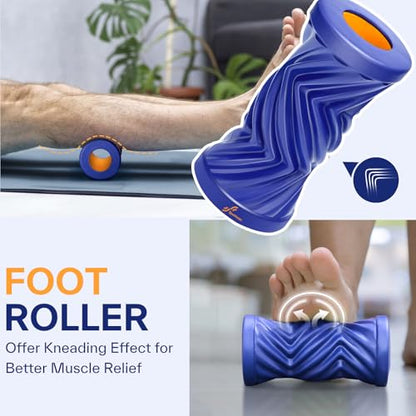 Sportneer 4 in 1 Foam Set, Muscle Relax Kit with 2 Textured Foam Pilates Rollers, Stringed Exercise Ball, Lacrosse Ball for Muscle Shoulder Back Leg Whole Body Relax Fitness Yoga - color: Blue