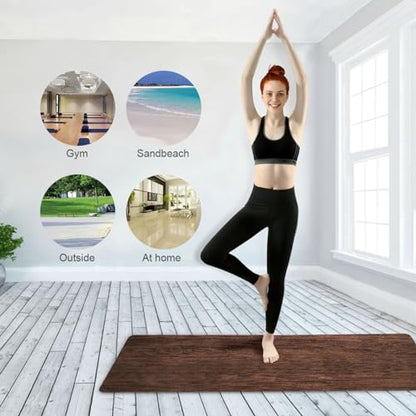 YETTASBIN Brown Solid Wood Yoga Mat for Women Men, Non Slip Exercise Mat Portable Travel Workout Mat with Storage Bag for Home Yoga, Pilates, Fitness 71x 26 Inch