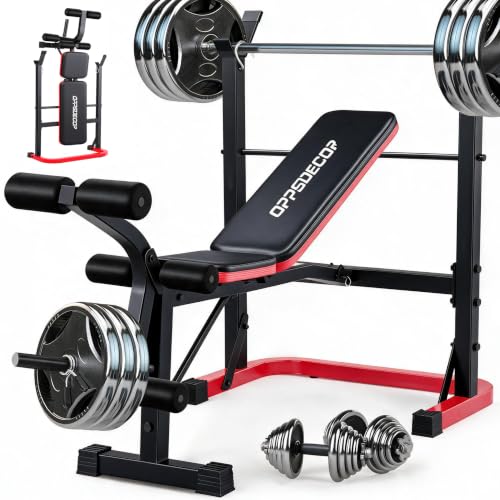 OPPSDECOR Foldable Weight Bench Set with Squat Rack and Preacher Curl Pad - color: Red