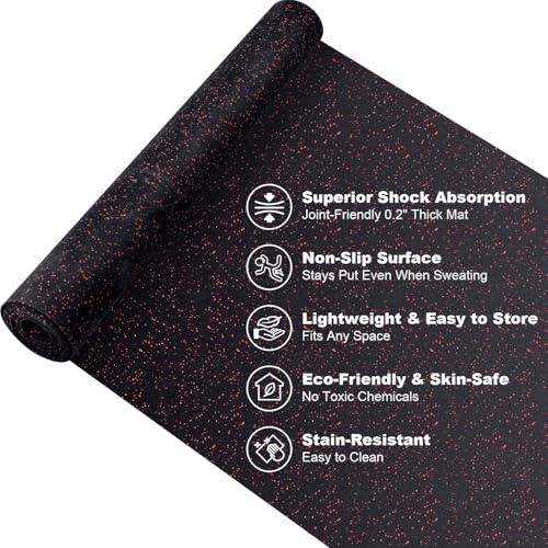10' x 4' Feet/Roll - Gym Rubber Flooring Roll Mat, 120" x 48" inch/Roll Home Fitness Mat, Heavy-Duty Protective Exercise Mats Yoga Mat (Black Red, 10'x4' Feet)