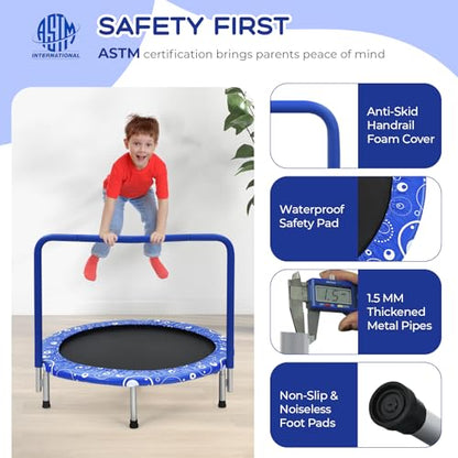 KOTEK 36 Inch Toddler Trampoline, Foldable Mini Recreational Trampoline with Handle & Safety Padded Cover, ASTM Approved Small Baby Trampoline, Indoor Trampoline for Kids, Max Load 330 Lbs - color: Blue