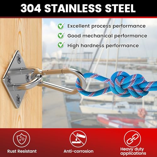 sprookber 304 Stainless Steel Pad Eye Snap Hook, M5 Ceiling Hook 500Lb,8Pcs - size: 2 Inch, style: Square