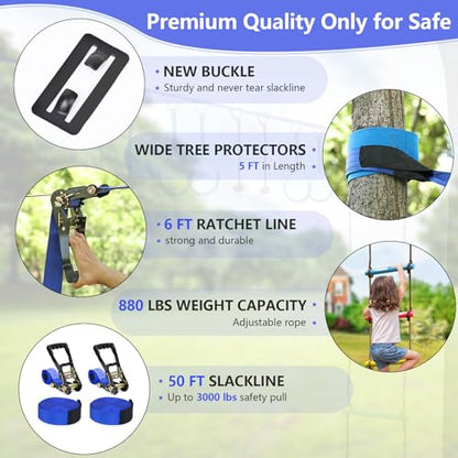 Ninja Warrior Obstacle Course for Kids,2×56ft Slackline Kit with 10 Ninja Accessories - Monkey Bar,Rope Ladder,Gymnastic Ring,Arm Trainer and Monkey Fist+Fast-Setup Buckles,Supports 880 lbs