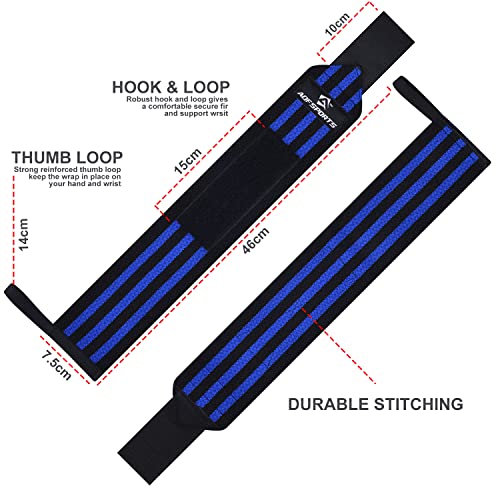 AQF Wrist Wraps for Weightlifting & Powerlifting, 18" USPA Approved (Pair) - color: Blue & Black