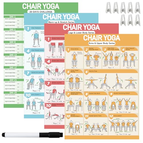 Chair Yoga Poster Set for Seniors & Beginners-3 Illustrated Guides,1 28-Day Challenges, 8 Double-Sided Clips &1 Dry-Erase Marker, 36 Poses Wall Chart Includes Postures, Instructions & Breathing Tips - color: colorful, size: 11.8X16.5inch