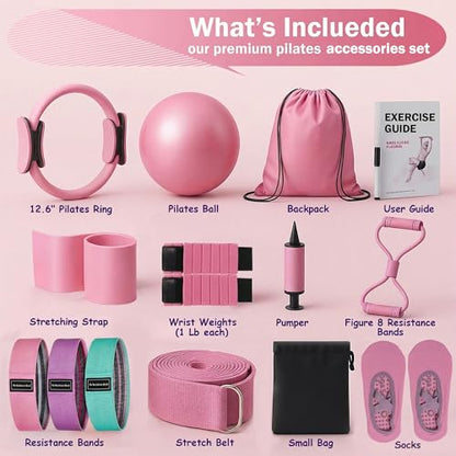 Pilates Workout Kit for Home, Pilates Essential Equipment with Adjustable Ankle Wrist Weights, Resistance Bands, Pilates Ring and Ball Set, Yoga Straps, Grip Socks Fitness Accessories kits for Women