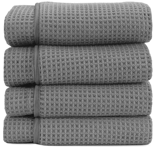S&T INC. Aura Microfiber Waffle Bath Towels, 4 Pack, Quick-Dry, Ultra Absorbent, Lightweight Towels for Bathroom, 30 inches x 60 inches, 420GSM, Grey