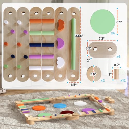 Qaba Kids Balance Beam, Wooden Balance Board with Stepping Stones, Gymnastics Obstacle Course for Toddlers 3-8 Years for Motor Skills Coordination, Indoor Outdoor Use