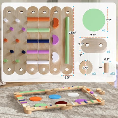 Qaba Kids Balance Beam, Wooden Balance Board with Stepping Stones, Gymnastics Obstacle Course for Toddlers 3-8 Years for Motor Skills Coordination, Indoor Outdoor Use
