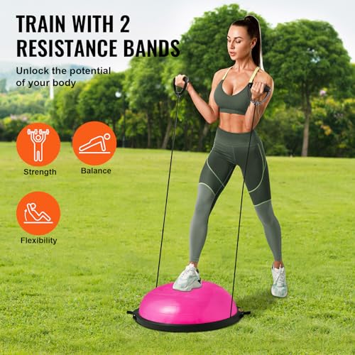 VEVOR Half Exercise Ball Trainer, 23/26 inch Balance Ball Trainer, 1500lbs Capacity Stability Ball, Yoga Ball with Resistance Bands & Foot Pump, Strength Fitness Ball for Home Gym Full Body Workout - color: 26" Ripple Pink