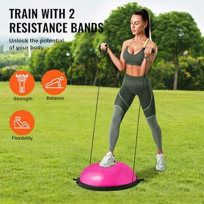 VEVOR Half Exercise Ball Trainer, 23/26 inch Balance Ball Trainer, 1500lbs Capacity Stability Ball, Yoga Ball with Resistance Bands & Foot Pump, Strength Fitness Ball for Home Gym Full Body Workout - color: 26" Ripple Pink