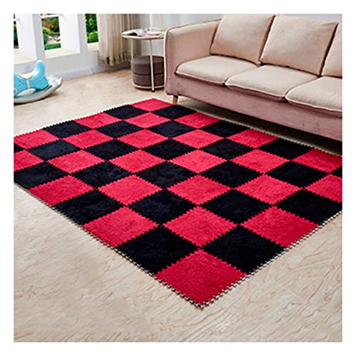 12 Pieces Thickened Plush Foam Interlocking Floor Mat,Fluffy Square Foam Tiles with 12 Edgings,Soft Anti-Slip Puzzle Area Rug Playmat for Bedroom,12X12inch,12 Tiles/11.6 Sq.Ft,Black+red - color: Black+red