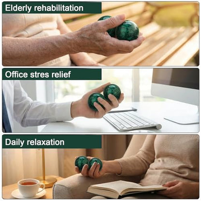 Hand Exercise Balls Set of 2, Chinese Stress Relief Baoding Balls with Leather Pouch - color: Green