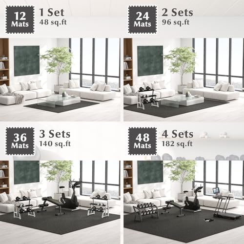 24 Tiles Exercise Mat, 96 Sq.Ft Interlocking Foam Floor Mat with Rubber Top, Non-Slip Waterproof Puzzle Gym Mat for Home Workout Equipment & Garage, 0.79" Thick (Black)