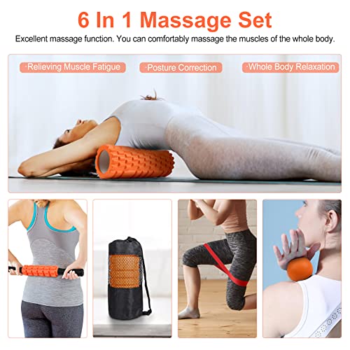Aucuu 5 in 1 Foam Roller Set Includes Hollow Core Massage Roller, Yoga Stick, Massage Ball, Fitness Stretching Strap, Carrying Bag, Towel, Massage Roller (Orange)