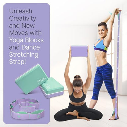 Yoga Blocks 2 Pack with Strap & Guide – Non-Slip EVA Foam Pilates Blocks for Home Workouts, Dance, Ballet, Gymnastics & Stretching Exercise | Ideal Dancer Gifts - color: Mint/Purple & Stretch Band Purple