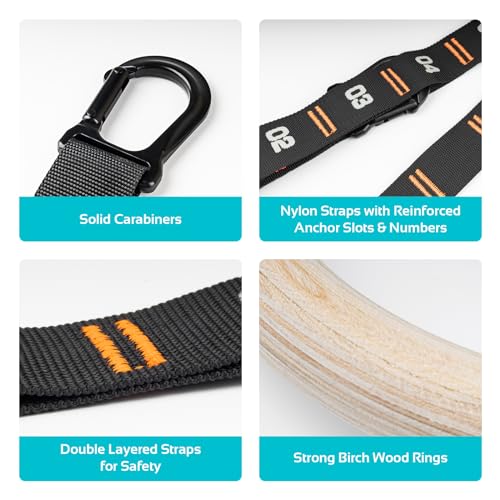 Wooden Gymnastic Rings with Adjustable Numbered Straps. 1.25'' Olympic Rings for Core Workout, Crossfit, Bodyweight Training. Home Gym Rings with 8.5ft Exercise Straps and Workout Handles.