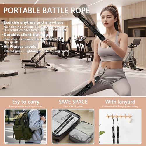 Portable Ropeless Battle Ropes for Home Gym, 2 Sticks Cordless Training Rope for Low-Impact Cardio Training