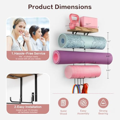 Yoga Mat Holder Accessories Wall Mount Organizer Storage Decor Foam Roller and Towel Storage Rack with 4 Hooks and Wooden Shelves Yoga Mats Rack Resistance Bands for Home Gym School Office