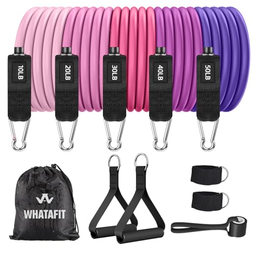 WHATAFIT Resistance Bands, Exercise Bands, Workout Bands with Handles, Door Anchor and Ankle Straps, 5 Resistance Levels Fitness Bands for Strength Training, Physical Therapy, and Home Gym Equipment - color: Pink Purple