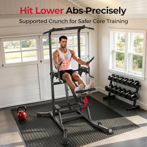 FLYBIRD Heavy Duty Power Tower, Light Commercial Grade Steel Frame, 800 LBS Weight Capacity, Multi-Function Pull Up Bar & Dip Station with Assisted Leg Raise, Home Gym Gear for Back and Core Workout