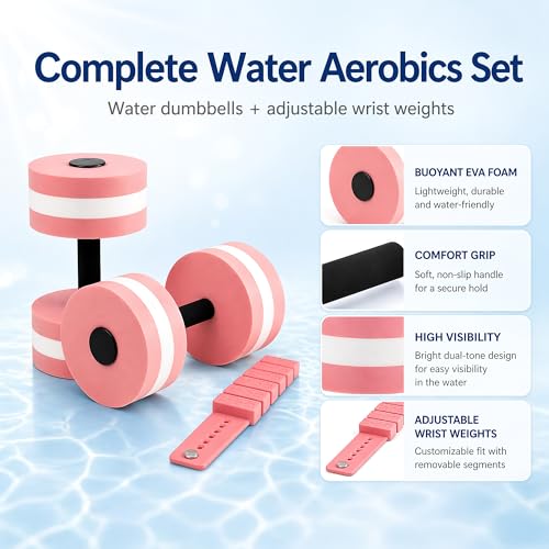 Water Aerobics Set – 2 EVA Foam Aqua Dumbbells & 2 Adjustable Wrist Ankle Weights, Pool Exercise Equipment for Aquatic Fitness Swimming Training for Adults Seniors