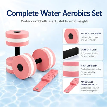 Water Aerobics Set – 2 EVA Foam Aqua Dumbbells & 2 Adjustable Wrist Ankle Weights, Pool Exercise Equipment for Aquatic Fitness Swimming Training for Adults Seniors
