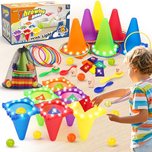 Eocolz 49PCS Carnival Games Outdoor Combo Set for Kids with LED Light, Plastic Cones Obstacle Course Bean Bags Balls Ring Toss Game Egg and Spoon Race Lawn Game, Gift for Birthday Party/Xmas/Easter - color: blue