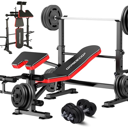 OPPSDECOR 900LBS All in One Weight Bench Set with Squat Rack Adjustable Workout Bench with Leg Developer Preacher Curl Rack Fitness Strength Training Bench for Home Gym - color: Coral