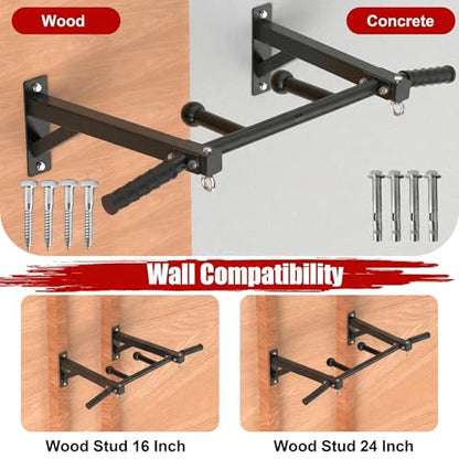 Wall Mount Pull Up Bar, Heavy Duty Steel PullUp Bar Fits Wood Studs, Multi Grip Pull Up Bar with Ball Finger & Round Rings, for Home Gym Garage Basement Strength Training Chin Up Bar