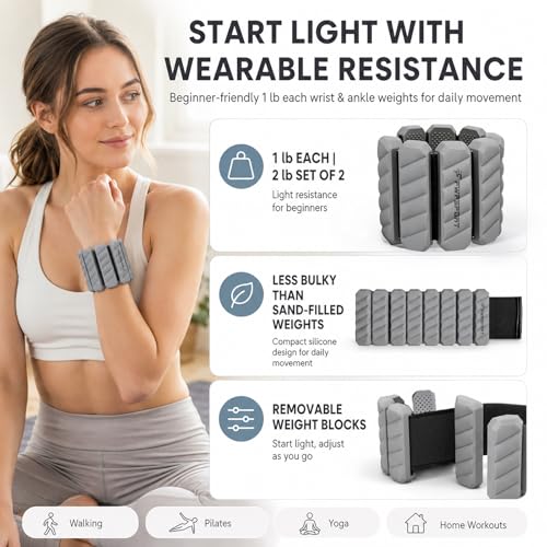 2 lb Wrist and Ankle Weights Set of 2 (1 lb Each) with Resistance Band, Adjustable Silicone Wearable Arm & Leg Weights for Walking, Pilates, Yoga, Home Workout