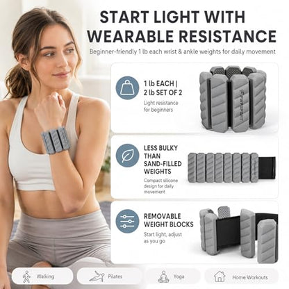 2 lb Wrist and Ankle Weights Set of 2 (1 lb Each) with Resistance Band, Adjustable Silicone Wearable Arm & Leg Weights for Walking, Pilates, Yoga, Home Workout