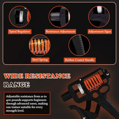 Adjustable 10–400 lb Grip Strength Trainer (Premium Adjustable Grip Strengthener for Forearm Training) Alloy Frame, Titanium-Plated Steel, TPR Non-Slip Handles (Orange)