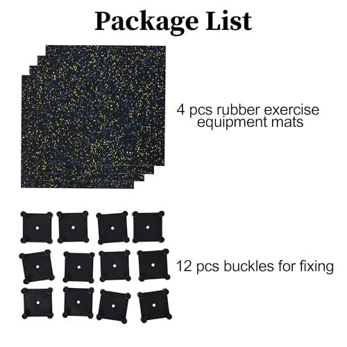 Nisorpa 1" Thick Rubber Exercise Equipment Mats, Anti-Vibration Pads 20" x 20'', Sound Absorbing Mat, Gym Floor Tiles Non-Slip, with 12 Pcs Buckles for Fixing, for Fitness Equipment (4 Pcs)