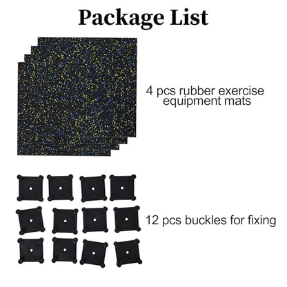 Nisorpa 1" Thick Rubber Exercise Equipment Mats, Anti-Vibration Pads 20" x 20'', Sound Absorbing Mat, Gym Floor Tiles Non-Slip, with 12 Pcs Buckles for Fixing, for Fitness Equipment (4 Pcs)