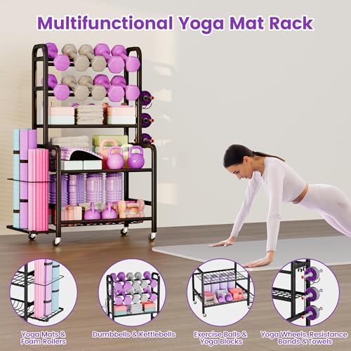Homeiju Dumbbell Rack, Weight Rack for Home Gym, Yoga Mat Storage Holder with Lockable Wheels, Dumbbell Stand with Hooks, All in One Work out Equipment Storage for Yoga Mat Dumbbell and Balls