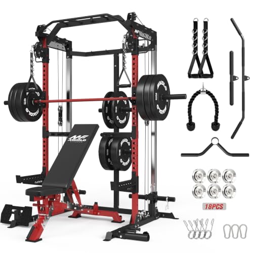 Mikolo HR06 Power Cage with Aluminum Pulleys, 2000LB Power Rack with Independent Dual Pulley System, Multi-Function Home Gym Workout Machine for Cable Crossover - color: Red, size: 370LB Balck BP Package