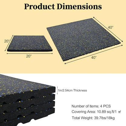 Nisorpa 1" Thick Rubber Exercise Equipment Mats, Anti-Vibration Pads 20" x 20'', Sound Absorbing Mat, Gym Floor Tiles Non-Slip, with 12 Pcs Buckles for Fixing, for Fitness Equipment (4 Pcs)