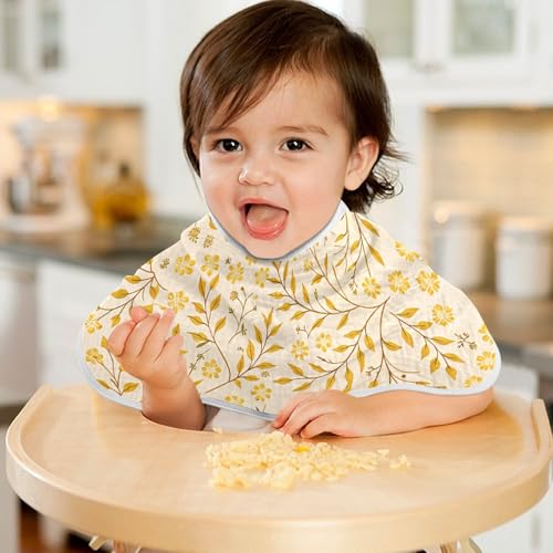 Yellow Leafy Botanical Muslin Burp Cloths 1 Pack - Extra Large 22"x11", 4-Layer Soft Absorbent Cotton, Waterproof Backing, Baby Drool Rags for Newborn