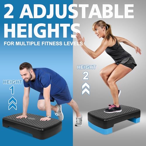 18'' Adjustable Aerobic Step Platform, Adjustable Fitness 4-6in Exercise Stepper Workout with 2 Risers, Aerobics Stepper Workout Stepper for Home Gym Cardio Strength & Training