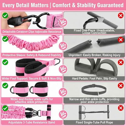 Pedal Resistance Band 40/50/60 lbs with Handles and Ankle Cuffs, 3-Tube Adjustable Exercise Bands for Women’s Home Workout, Abs, Core, Arm, Leg and Hip Training