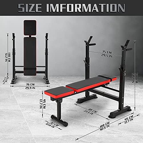 Adjustable Folding Weight Bench,Strength Training Bench for Full Body Workout,Fitness Barbell Rack and Weight Bench for Home Gym (Red)